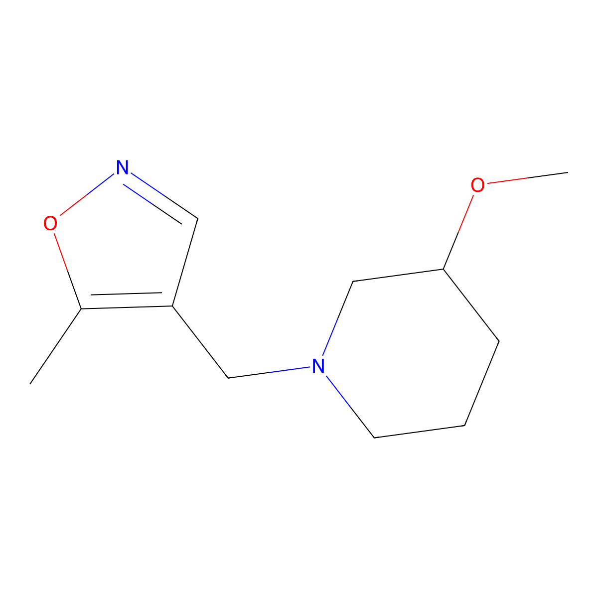 3-Methoxy-1-[(5-methyl-1,2-oxazol-4-yl)methyl]piperidine molecular structure, CAS 2320195-96-6