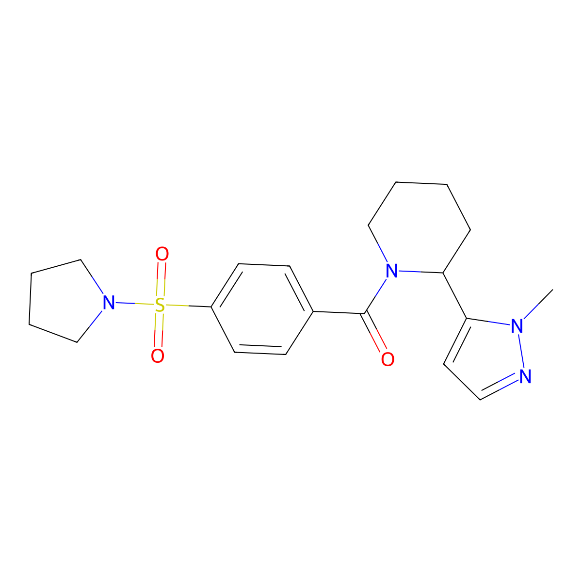 2-(1-methyl-1H-pyrazol-5-yl)-1-[4-(pyrrolidine-1-sulfonyl)benzoyl]piperidine molecular structure, CAS 2320208-78-2