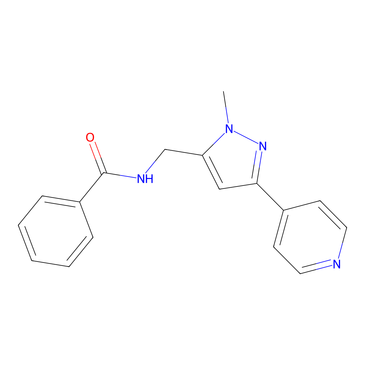 N-{[1-methyl-3-(pyridin-4-yl)-1H-pyrazol-5-yl]methyl}benzamide molecular structure, CAS 2320209-13-8