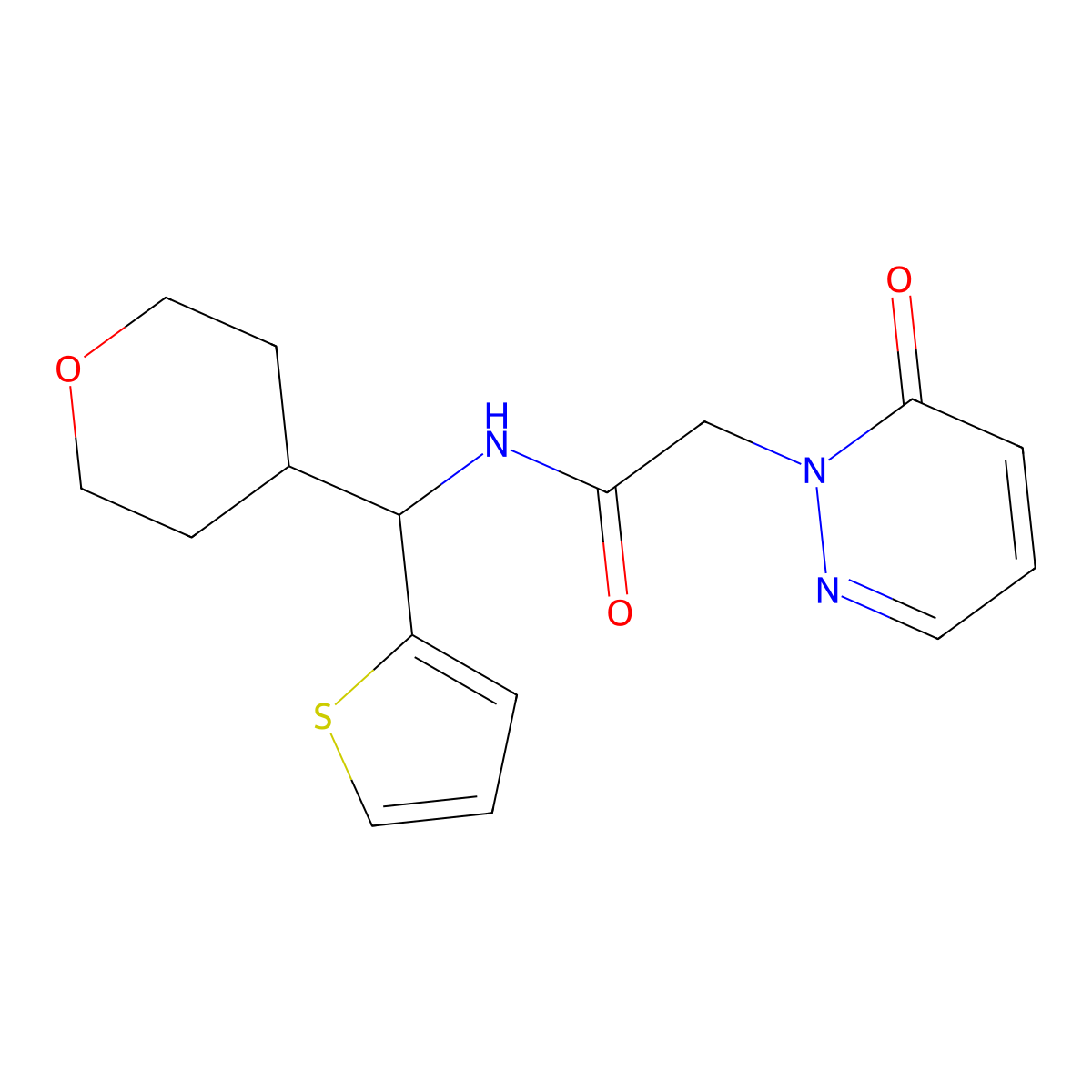 2-(6-oxopyridazin-1(6H)-yl)-N-((tetrahydro-2H-pyran-4-yl)(thiophen-2-yl)methyl)acetamide molecular structure, CAS 2320209-19-4