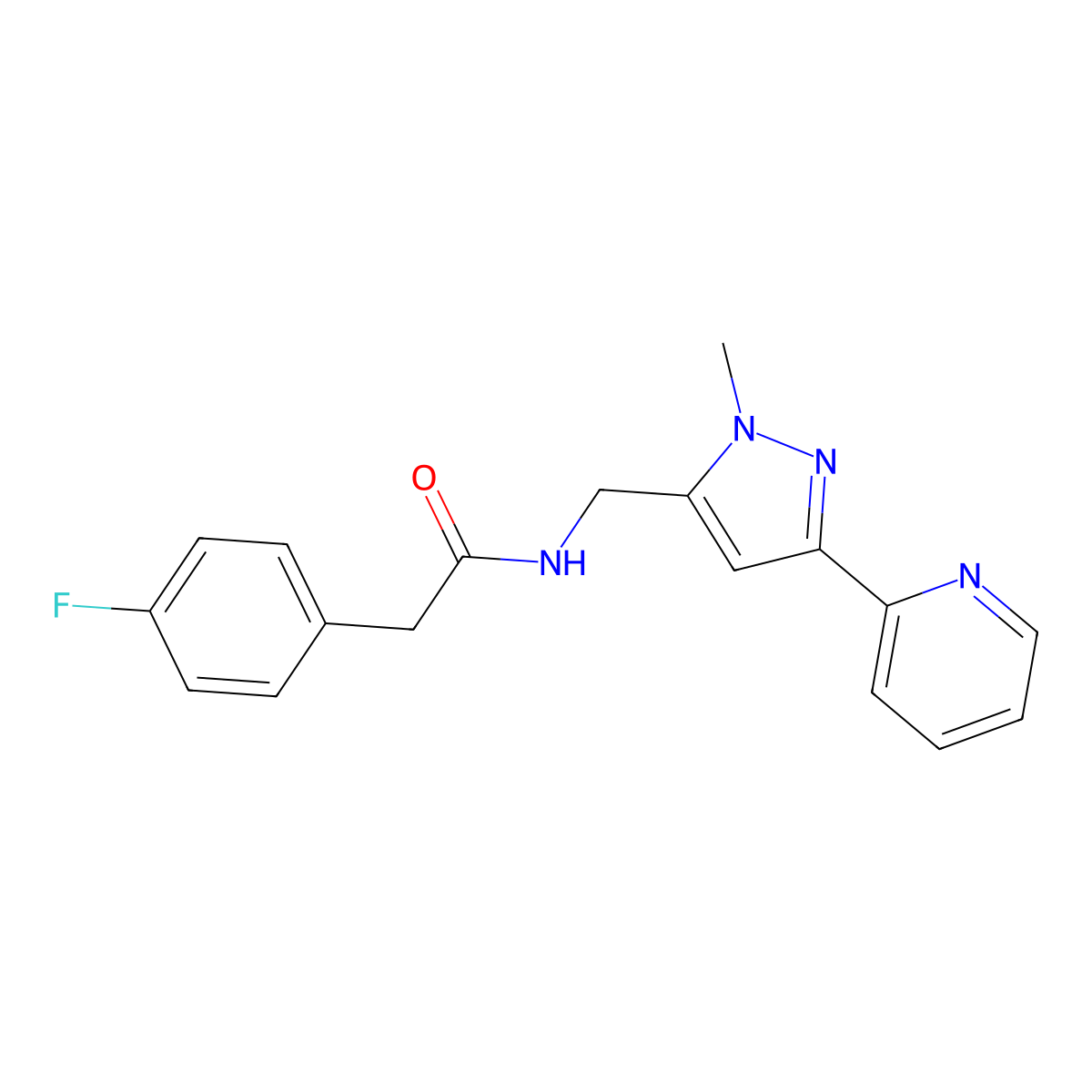 2-(4-fluorophenyl)-N-{[1-methyl-3-(pyridin-2-yl)-1H-pyrazol-5-yl]methyl}acetamide molecular structure, CAS 2320209-36-5