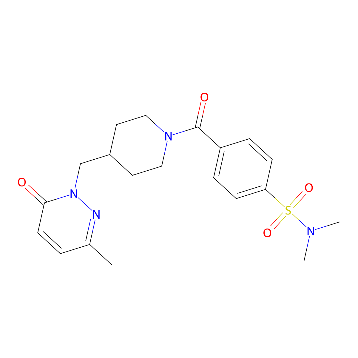 N,N-dimethyl-4-(4-((3-methyl-6-oxopyridazin-1(6H)-yl)methyl)piperidine-1-carbonyl)benzenesulfonamide molecular structure, CAS 2320209-78-5