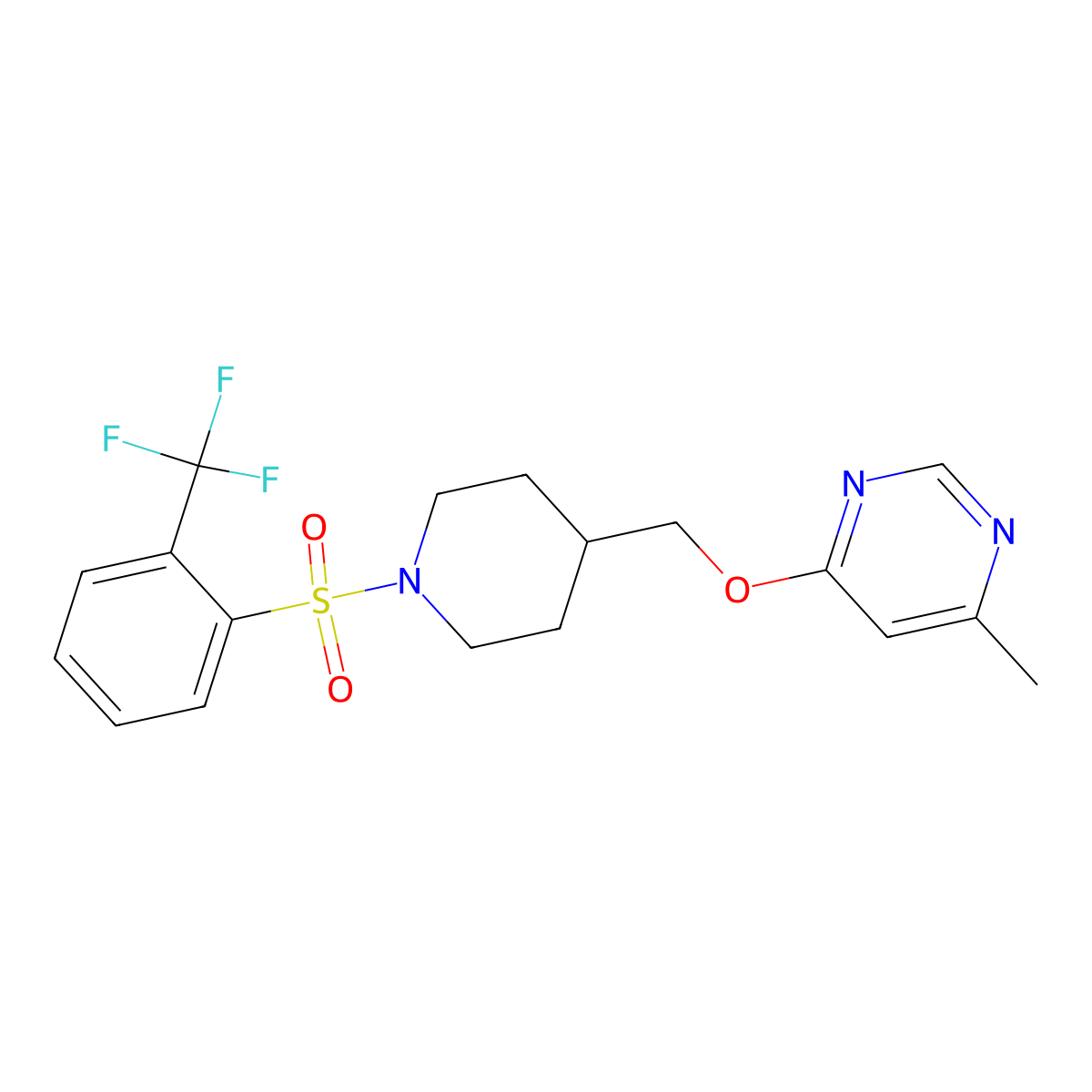 4-Methyl-6-({1-[2-(trifluoromethyl)benzenesulfonyl]piperidin-4-yl}methoxy)pyrimidine molecular structure, CAS 2320209-89-8