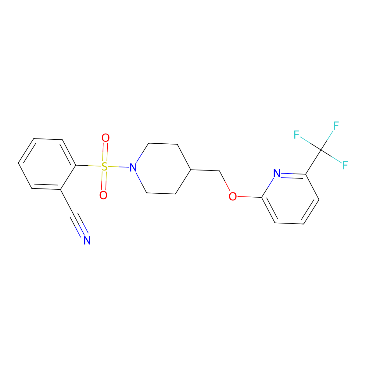 2-{[4-({[6-(Trifluoromethyl)pyridin-2-yl]oxy}methyl)piperidin-1-yl]sulfonyl}benzonitrile molecular structure, CAS 2320209-99-0