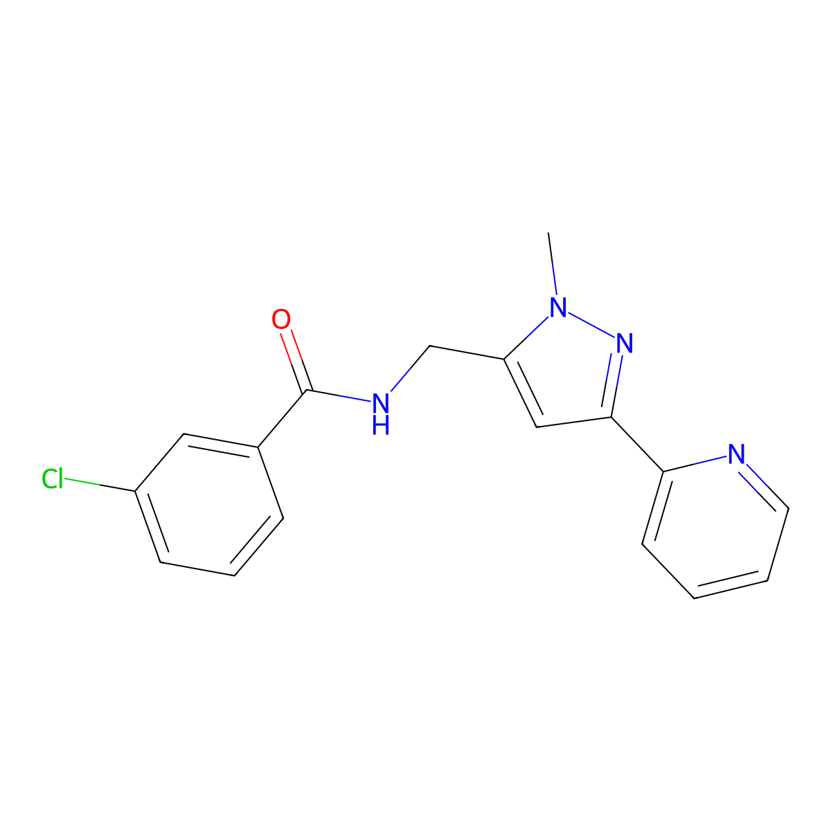 3-chloro-N-{[1-methyl-3-(pyridin-2-yl)-1H-pyrazol-5-yl]methyl}benzamide molecular structure, CAS 2320210-02-2