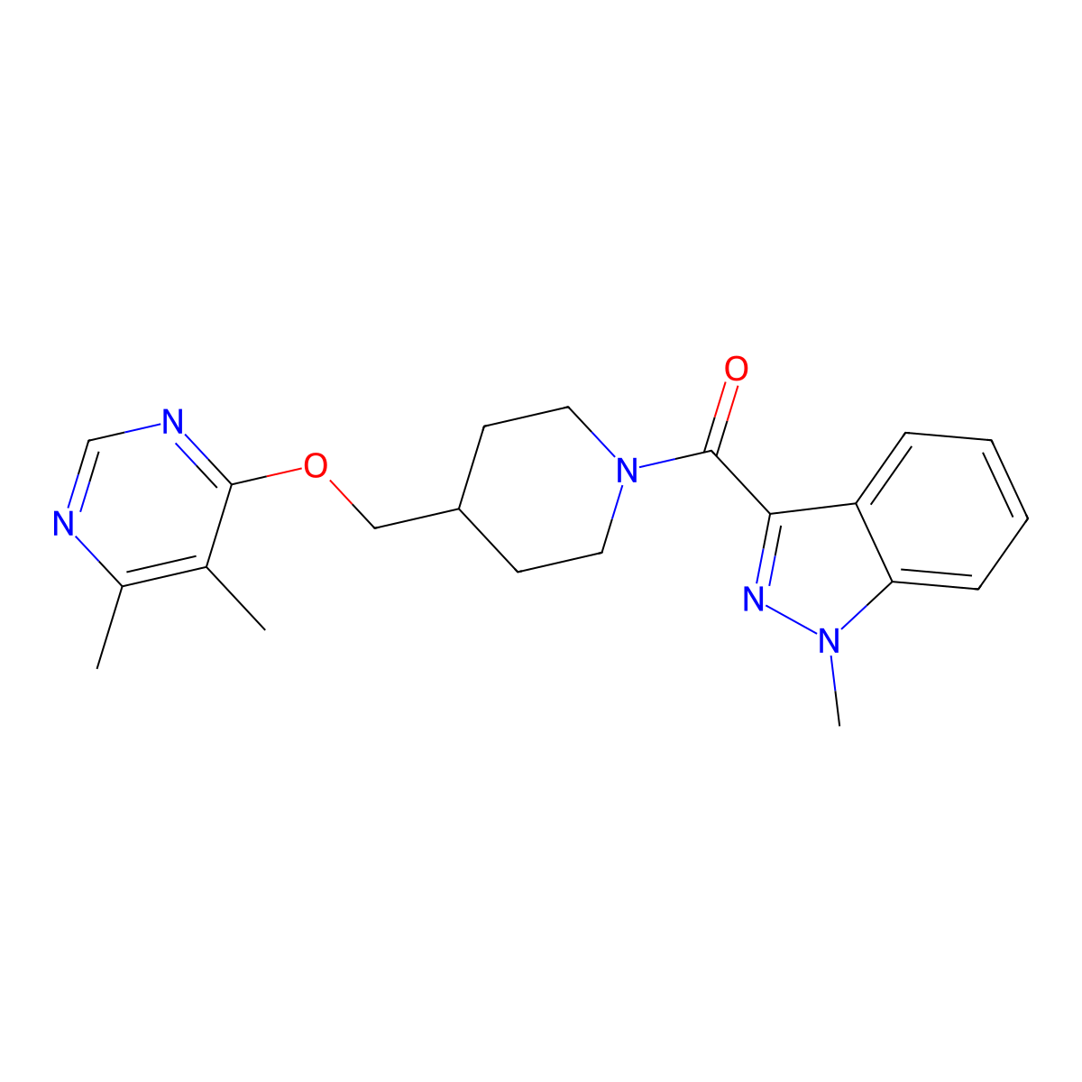 (4-(((5,6-dimethylpyrimidin-4-yl)oxy)methyl)piperidin-1-yl)(1-methyl-1H-indazol-3-yl)methanone molecular structure, CAS 2320211-06-9