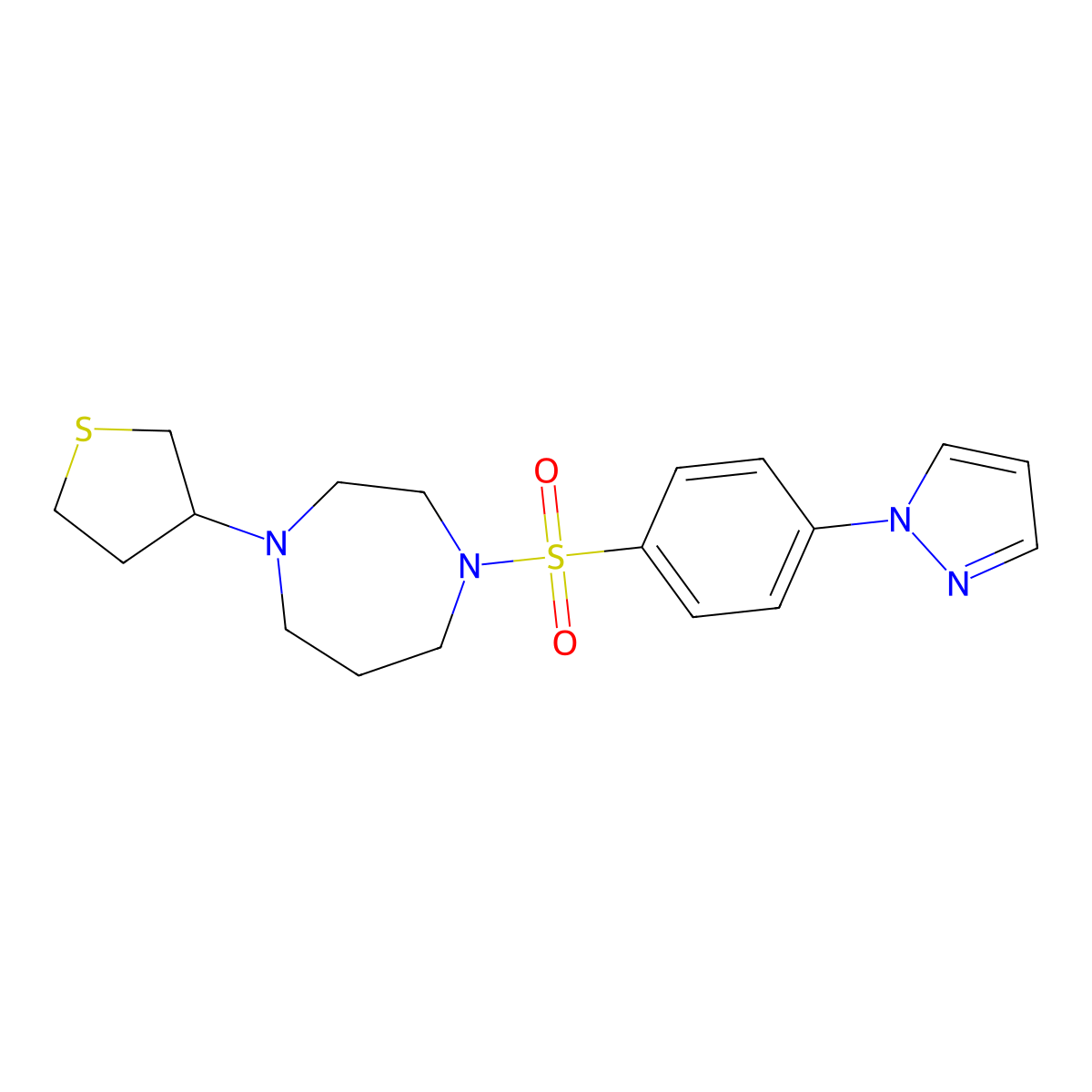 1-[4-(1H-pyrazol-1-yl)benzenesulfonyl]-4-(thiolan-3-yl)-1,4-diazepane molecular structure, CAS 2320211-27-4