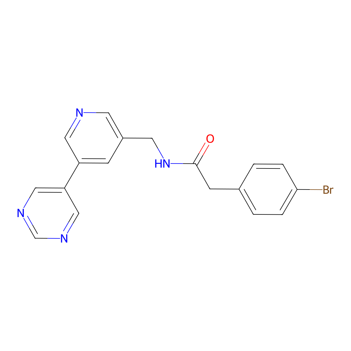 2-(4-bromophenyl)-N-{[5-(pyrimidin-5-yl)pyridin-3-yl]methyl}acetamide molecular structure, CAS 2320211-35-4