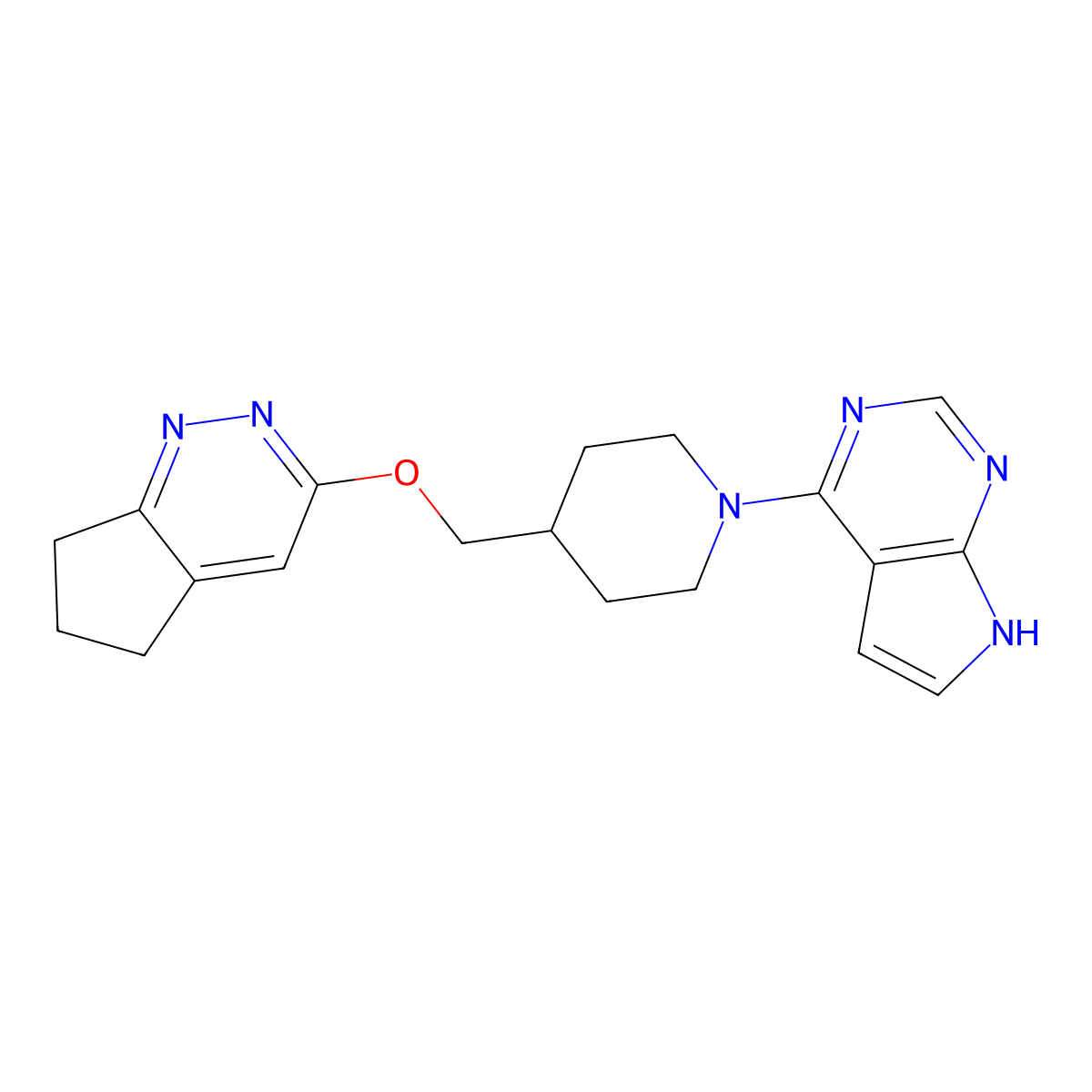4-({5H,6H,7H-cyclopenta[c]pyridazin-3-yloxy}methyl)-1-{7H-pyrrolo[2,3-d]pyrimidin-4-yl}piperidine molecular structure, CAS 2320213-22-5
