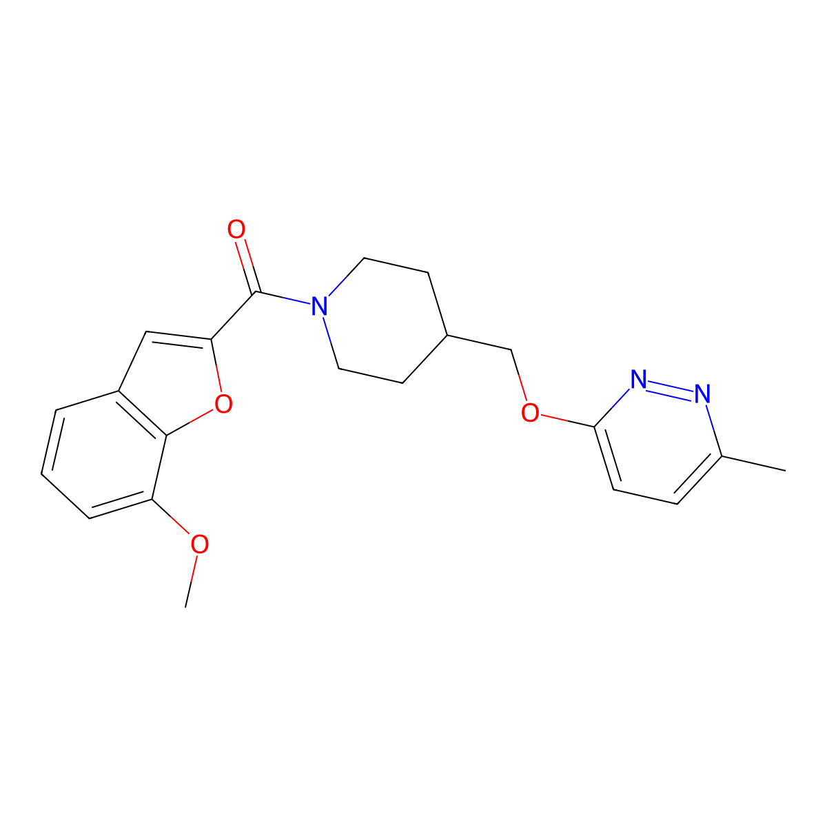 3-{[1-(7-Methoxy-1-benzofuran-2-carbonyl)piperidin-4-yl]methoxy}-6-methylpyridazine molecular structure, CAS 2320213-34-9