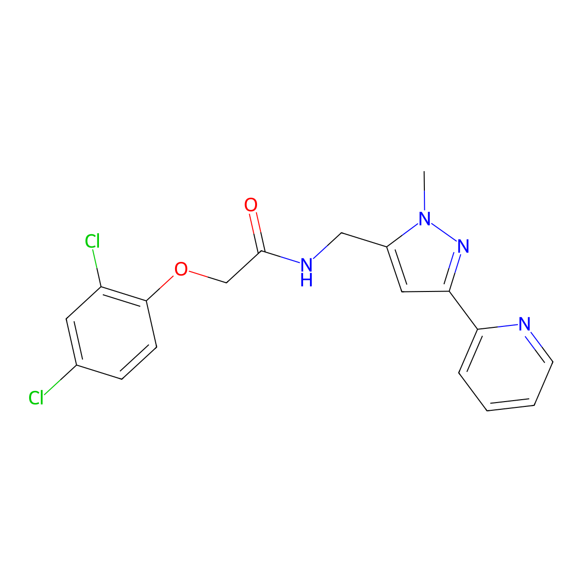 2-(2,4-dichlorophenoxy)-N-{[1-methyl-3-(pyridin-2-yl)-1H-pyrazol-5-yl]methyl}acetamide molecular structure, CAS 2320214-11-5