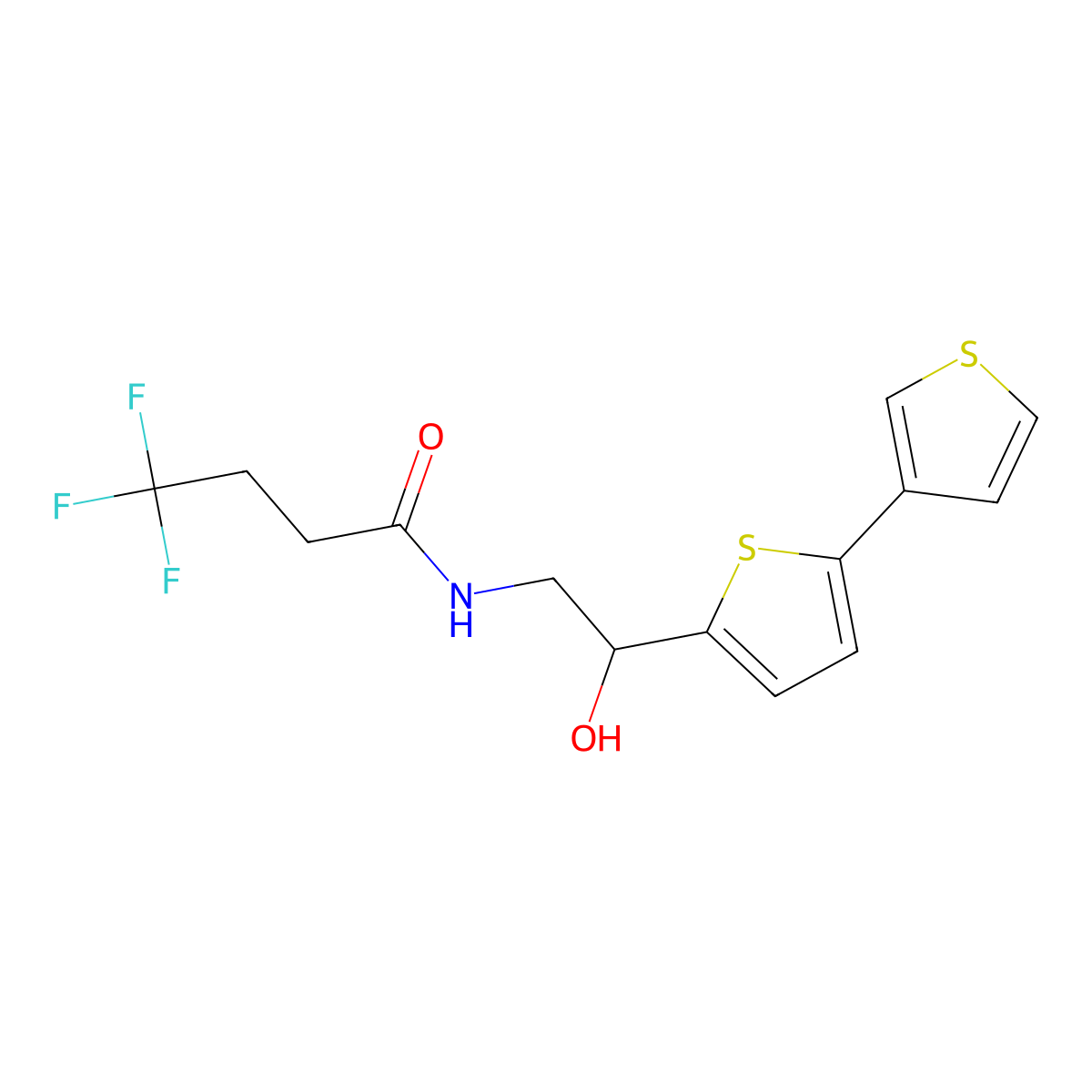 N-(2-{[2,3'-bithiophene]-5-yl}-2-hydroxyethyl)-4,4,4-trifluorobutanamide molecular structure, CAS 2320214-33-1