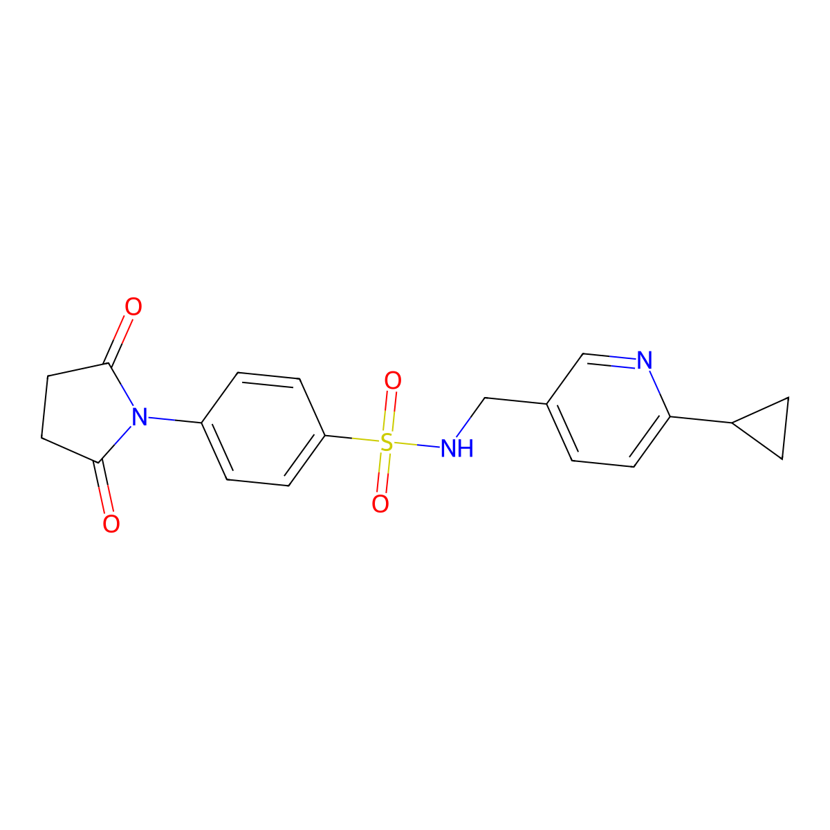N-[(6-cyclopropylpyridin-3-yl)methyl]-4-(2,5-dioxopyrrolidin-1-yl)benzene-1-sulfonamide molecular structure, CAS 2320214-35-3