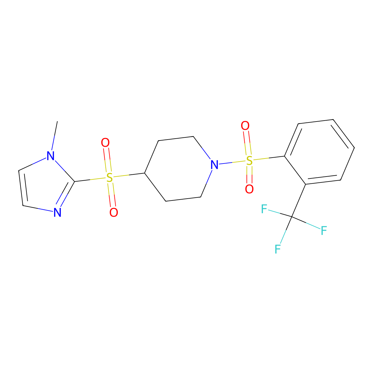 4-[(1-methyl-1H-imidazol-2-yl)sulfonyl]-1-[2-(trifluoromethyl)benzenesulfonyl]piperidine molecular structure, CAS 2320214-50-2