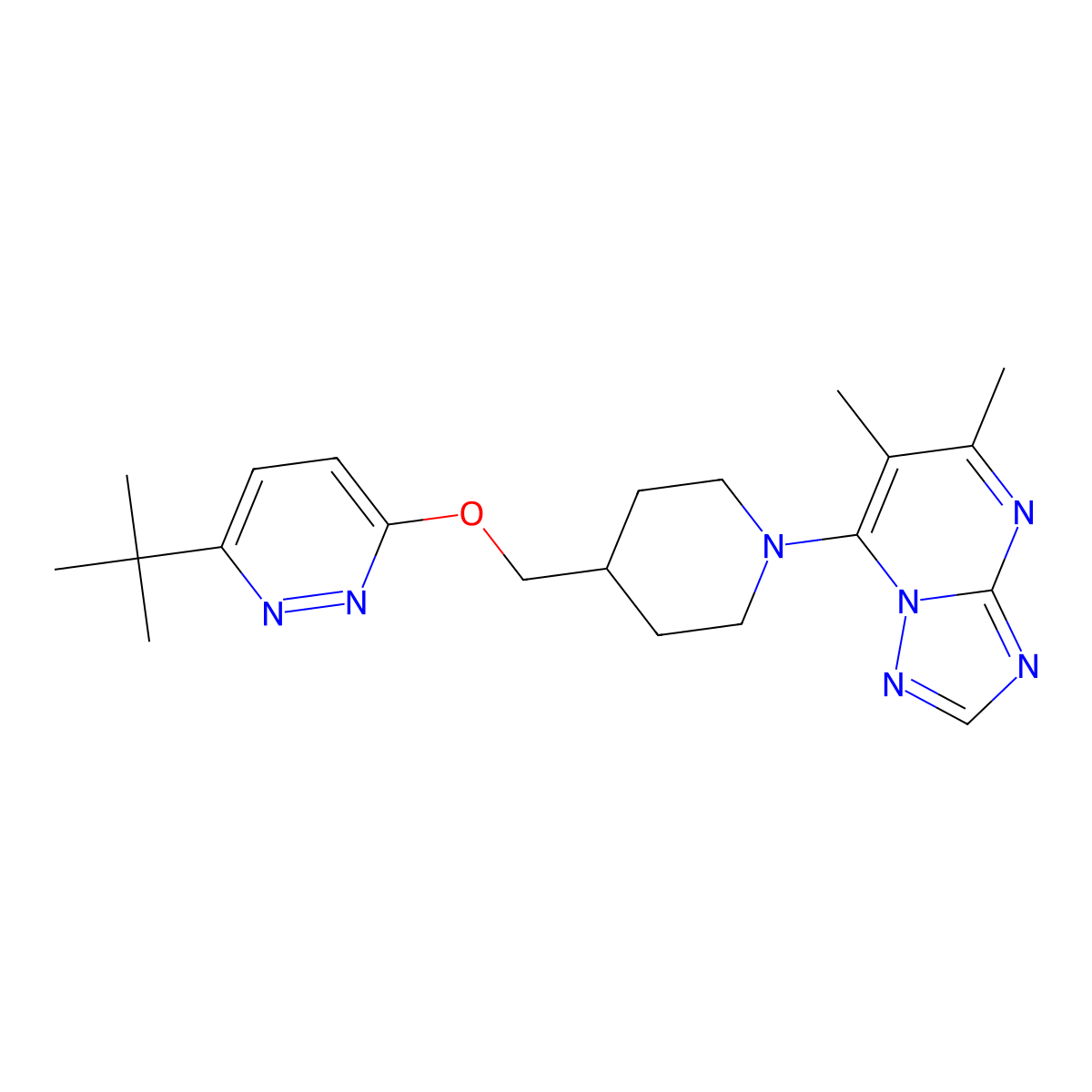 3-Tert-butyl-6-[(1-{5,6-dimethyl-[1,2,4]triazolo[1,5-a]pyrimidin-7-yl}piperidin-4-yl)methoxy]pyridazine molecular structure, CAS 2320214-82-0