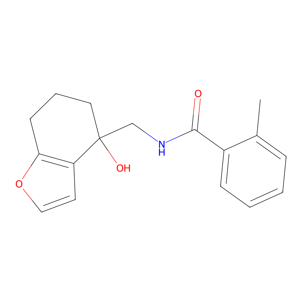 N-[(4-hydroxy-4,5,6,7-tetrahydro-1-benzofuran-4-yl)methyl]-2-methylbenzamide molecular structure, CAS 2320214-92-2