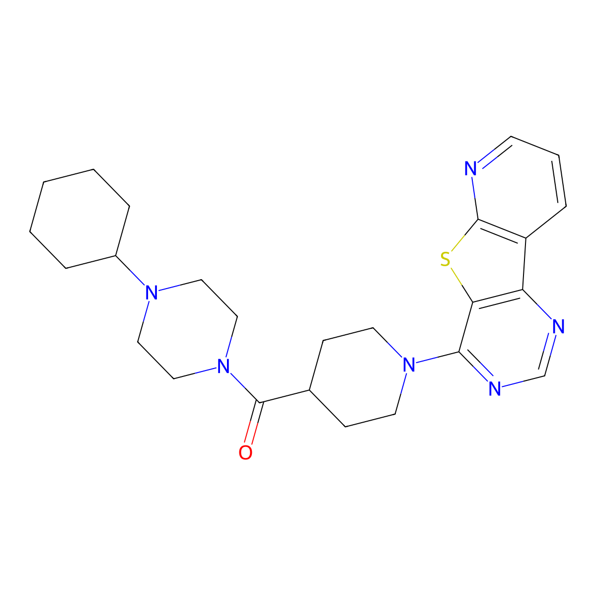 6-[4-(4-Cyclohexylpiperazine-1-carbonyl)piperidin-1-yl]-8-thia-3,5,10-triazatricyclo[7.4.0.0^{2,7}]trideca-1(13),2(7),3,5,9,11-hexaene molecular structure, CAS 2320215-10-7