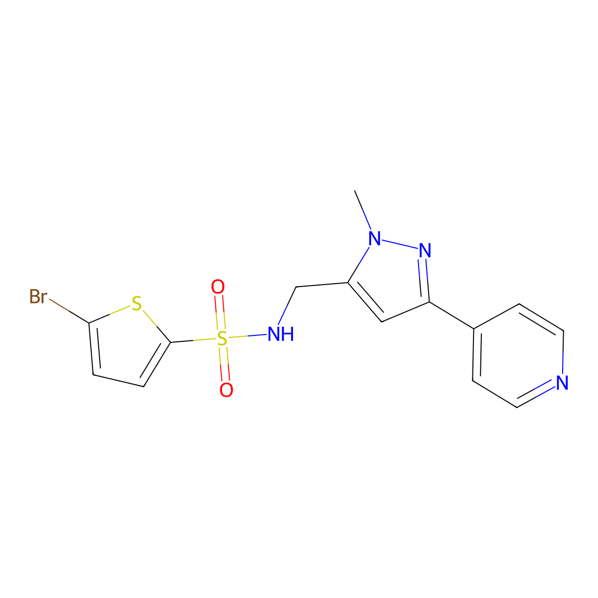 5-bromo-N-{[1-methyl-3-(pyridin-4-yl)-1H-pyrazol-5-yl]methyl}thiophene-2-sulfonamide molecular structure, CAS 2320215-40-3