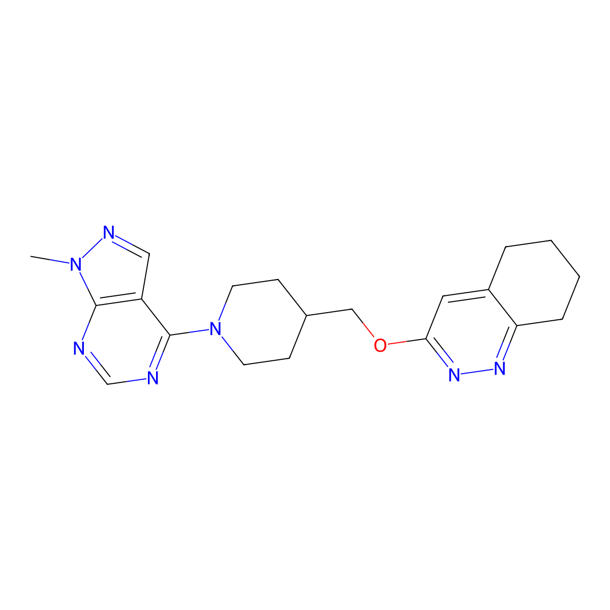 3-((1-(1-methyl-1H-pyrazolo[3,4-d]pyrimidin-4-yl)piperidin-4-yl)methoxy)-5,6,7,8-tetrahydrocinnoline molecular structure, CAS 2320215-55-0