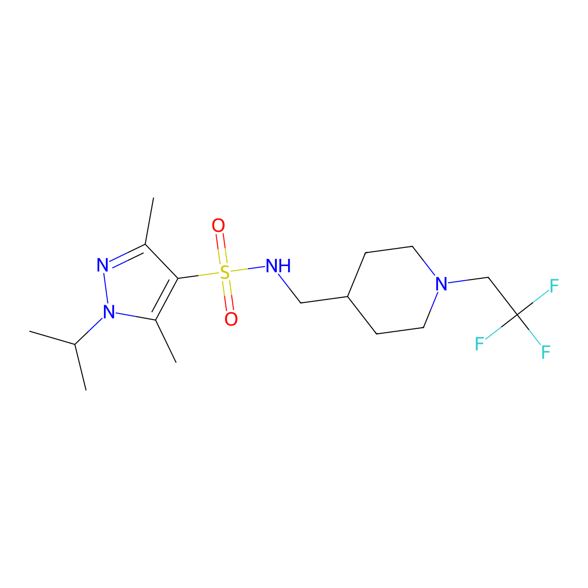 3,5-dimethyl-1-(propan-2-yl)-N-{[1-(2,2,2-trifluoroethyl)piperidin-4-yl]methyl}-1H-pyrazole-4-sulfonamide molecular structure, CAS 2320216-19-9