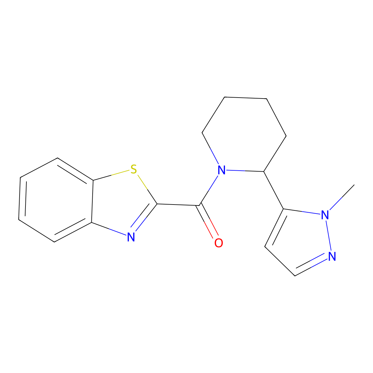 2-[2-(1-methyl-1H-pyrazol-5-yl)piperidine-1-carbonyl]-1,3-benzothiazole molecular structure, CAS 2320216-24-6
