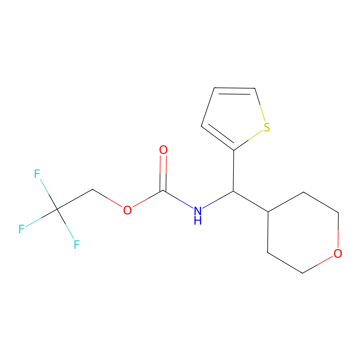 2,2,2-trifluoroethyl N-[(oxan-4-yl)(thiophen-2-yl)methyl]carbamate molecular structure, CAS 2320217-37-4