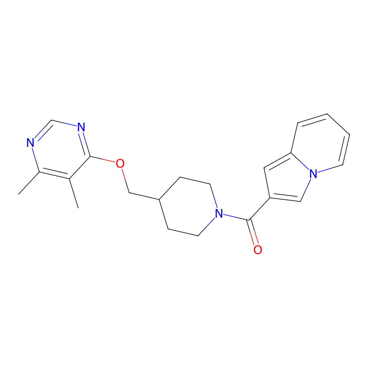 2-(4-{[(5,6-Dimethylpyrimidin-4-yl)oxy]methyl}piperidine-1-carbonyl)indolizine molecular structure, CAS 2320217-56-7