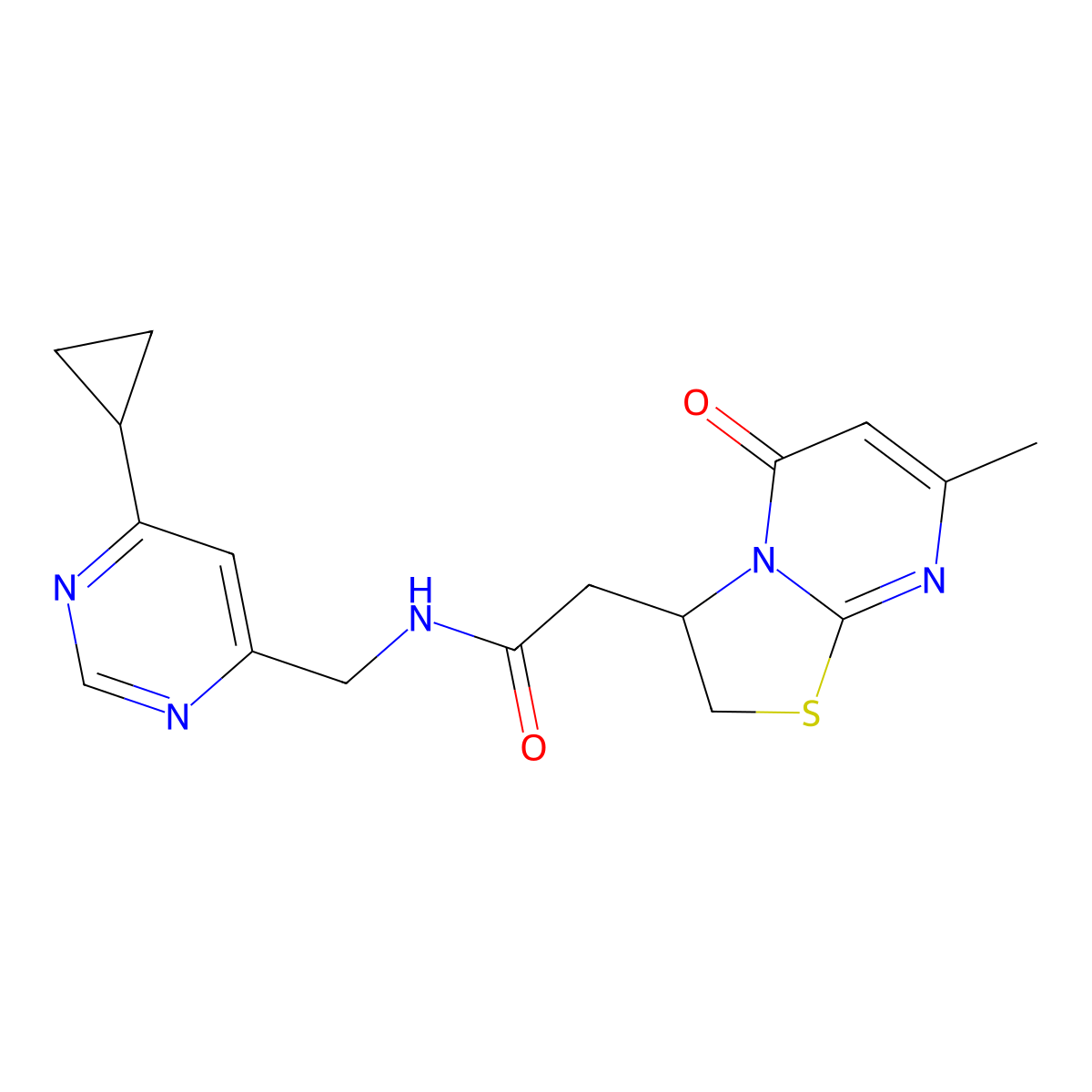 N-((6-cyclopropylpyrimidin-4-yl)methyl)-2-(7-methyl-5-oxo-3,5-dihydro-2H-thiazolo[3,2-a]pyrimidin-3-yl)acetamide molecular structure, CAS 2320220-41-3