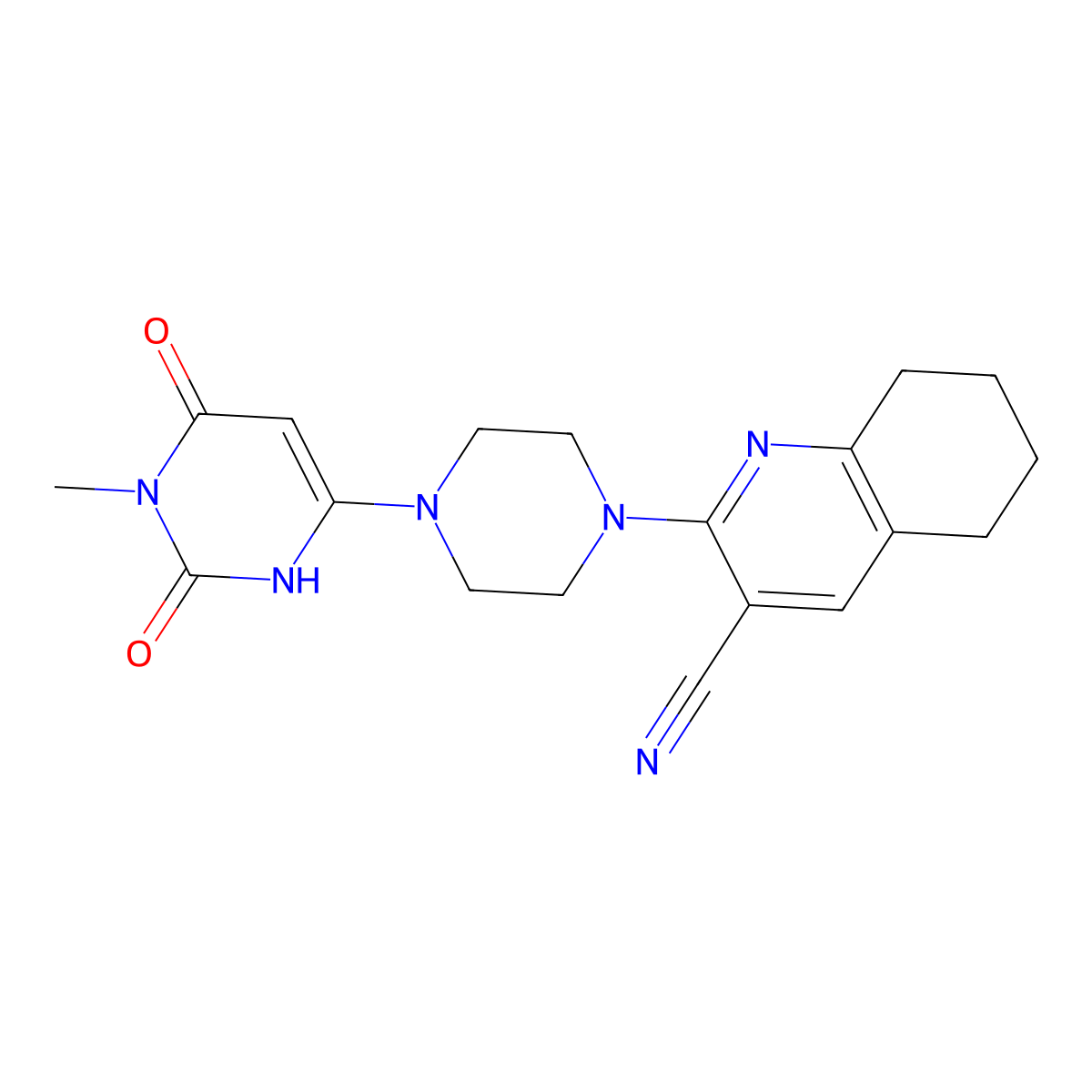2-(4-(1-Methyl-2,6-dioxo-1,2,3,6-tetrahydropyrimidin-4-yl)piperazin-1-yl)-5,6,7,8-tetrahydroquinoline-3-carbonitrile molecular structure, CAS 2320220-86-6