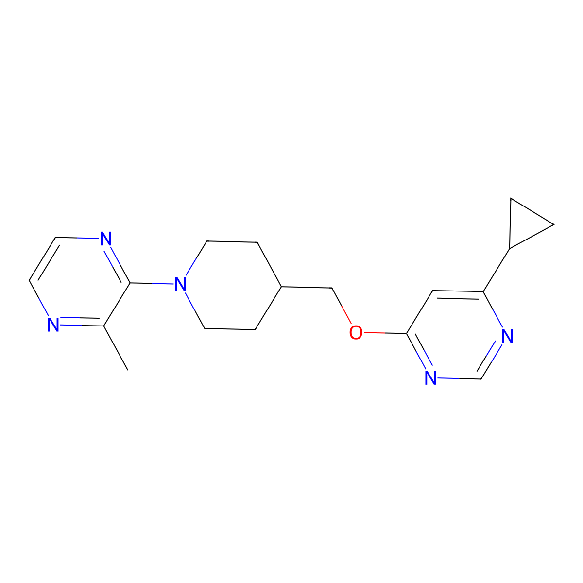 4-Cyclopropyl-6-((1-(3-methylpyrazin-2-yl)piperidin-4-yl)methoxy)pyrimidine molecular structure, CAS 2320221-16-5
