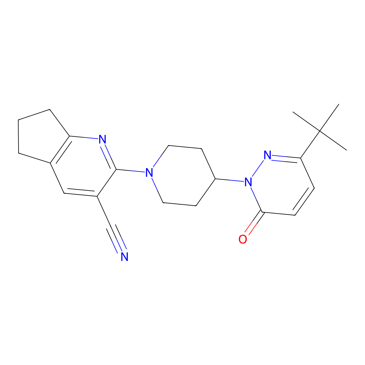 2-[4-(3-tert-butyl-6-oxo-1,6-dihydropyridazin-1-yl)piperidin-1-yl]-5H,6H,7H-cyclopenta[b]pyridine-3-carbonitrile molecular structure, CAS 2320221-59-6