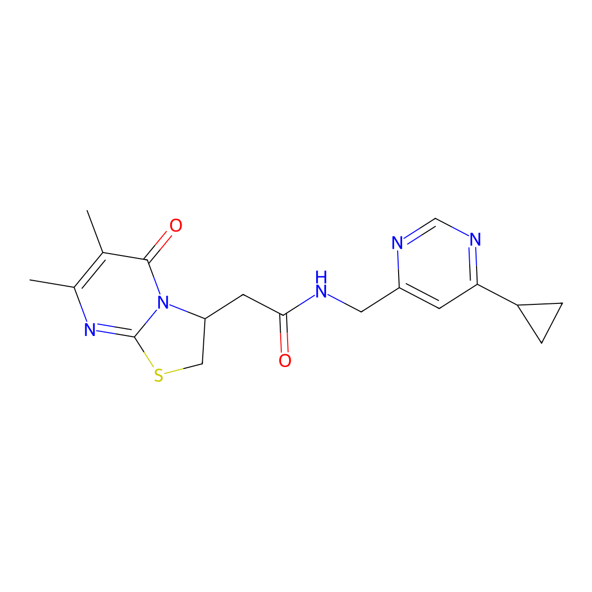 N-((6-cyclopropylpyrimidin-4-yl)methyl)-2-(6,7-dimethyl-5-oxo-3,5-dihydro-2H-thiazolo[3,2-a]pyrimidin-3-yl)acetamide molecular structure, CAS 2320221-65-4