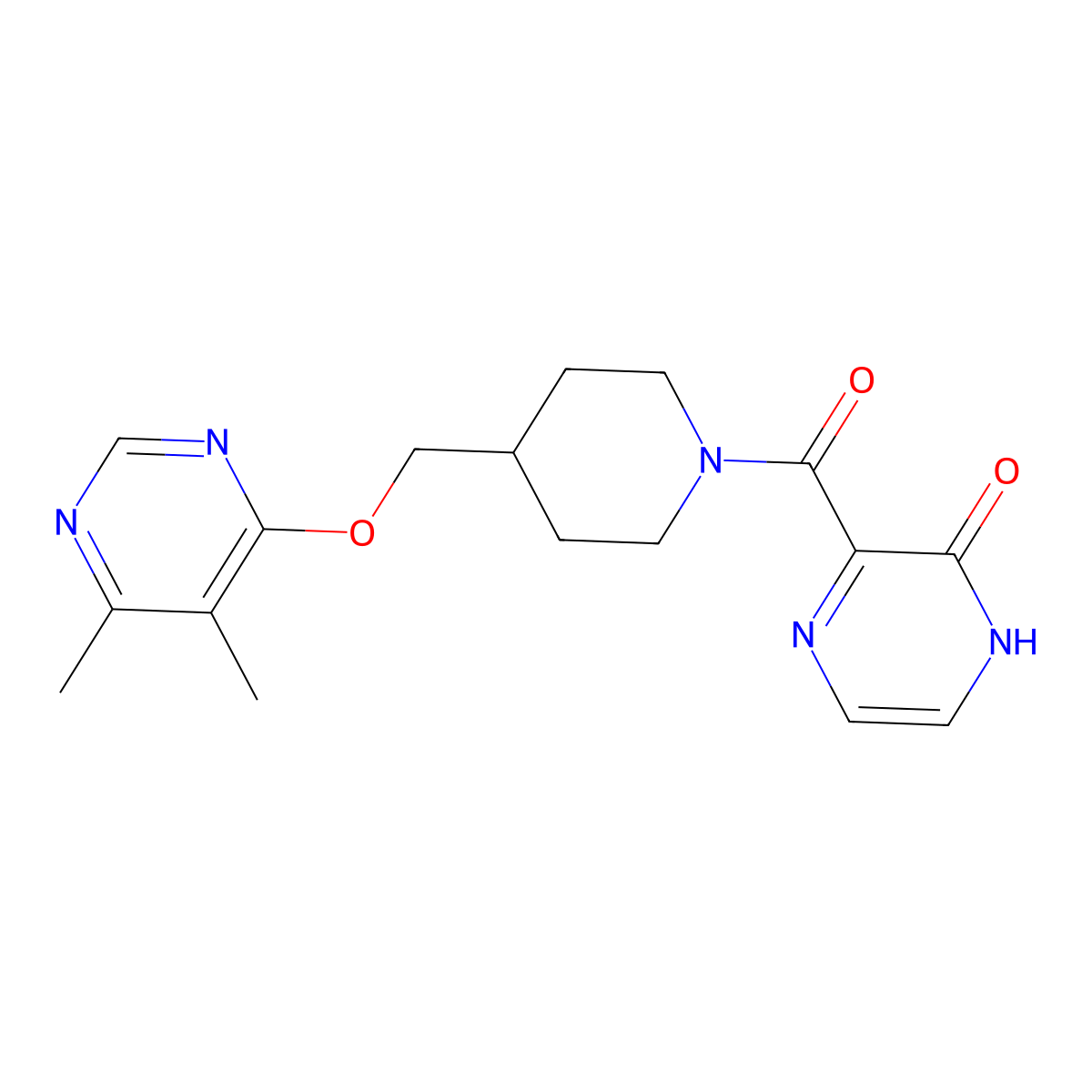 3-(4-(((5,6-dimethylpyrimidin-4-yl)oxy)methyl)piperidine-1-carbonyl)pyrazin-2(1H)-one molecular structure, CAS 2320222-75-9