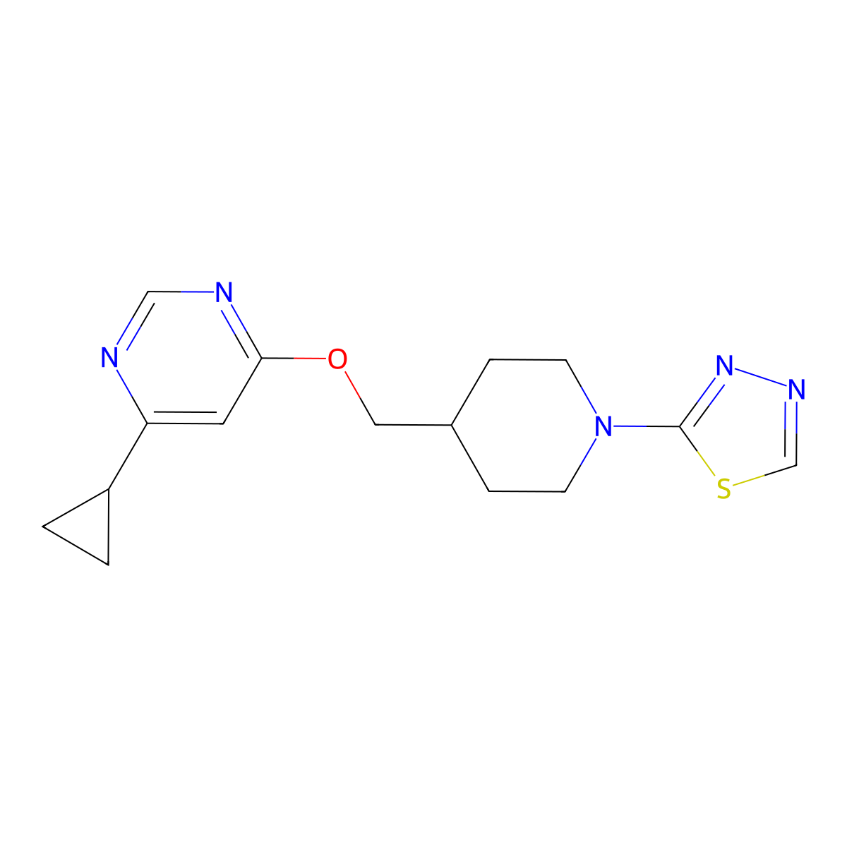 2-(4-(((6-Cyclopropylpyrimidin-4-yl)oxy)methyl)piperidin-1-yl)-1,3,4-thiadiazole molecular structure, CAS 2320223-89-8