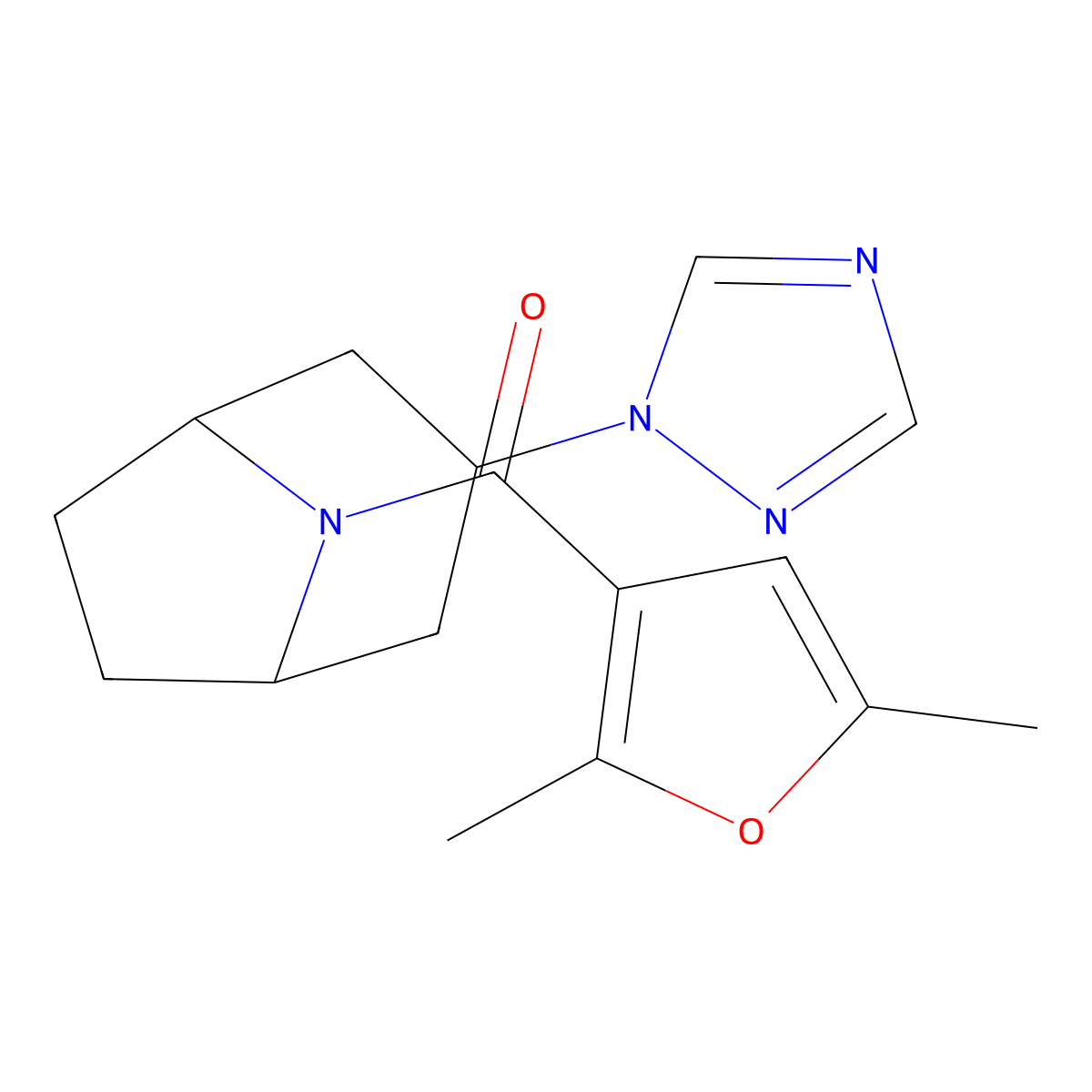 ((1R,5S)-3-(1H-1,2,4-triazol-1-yl)-8-azabicyclo[3.2.1]octan-8-yl)(2,5-dimethylfuran-3-yl)methanone molecular structure, CAS 2320223-93-4