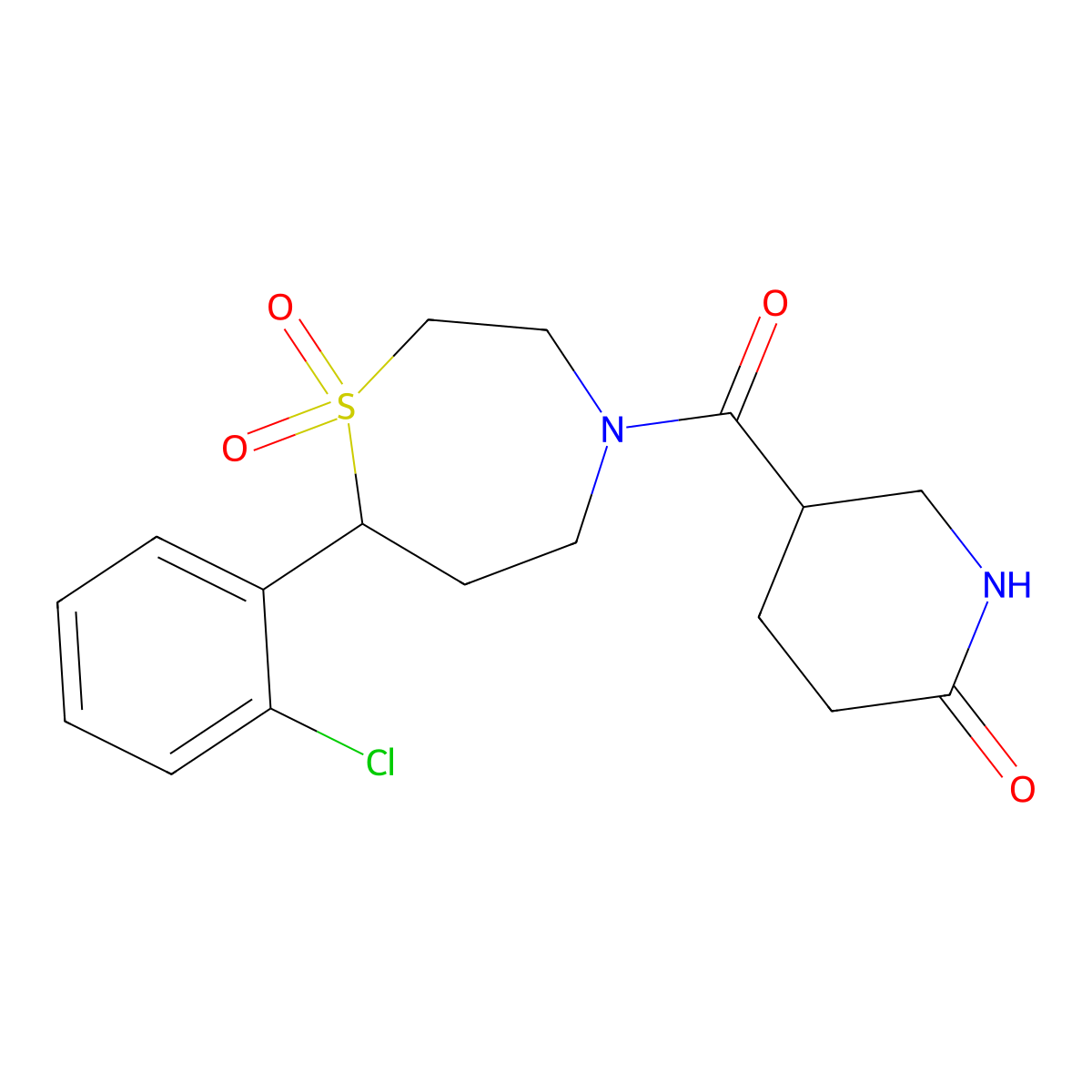 5-(7-(2-Chlorophenyl)-1,1-dioxido-1,4-thiazepane-4-carbonyl)piperidin-2-one molecular structure, CAS 2320224-00-6