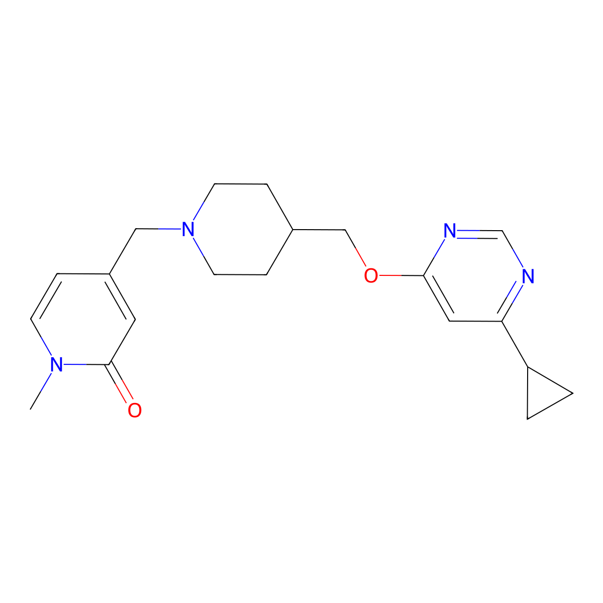 4-((4-(((6-cyclopropylpyrimidin-4-yl)oxy)methyl)piperidin-1-yl)methyl)-1-methylpyridin-2(1H)-one molecular structure, CAS 2320224-21-1