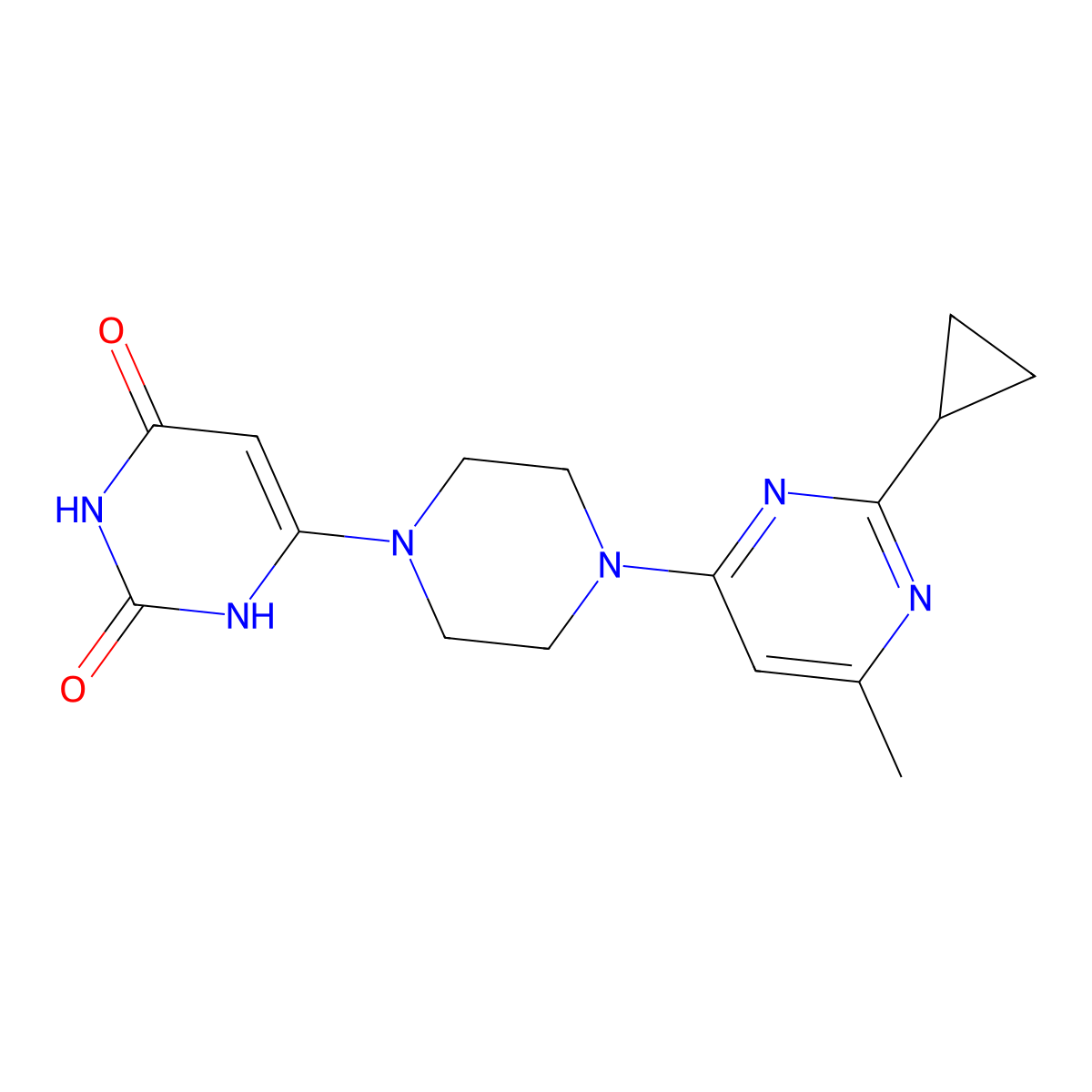 6-(4-(2-cyclopropyl-6-methylpyrimidin-4-yl)piperazin-1-yl)pyrimidine-2,4(1H,3H)-dione molecular structure, CAS 2320225-54-3