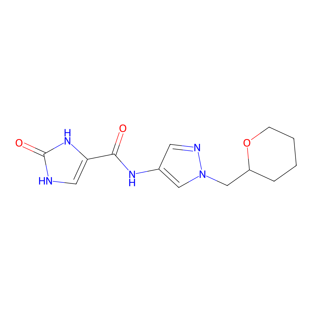 2-oxo-N-(1-((tetrahydro-2H-pyran-2-yl)methyl)-1H-pyrazol-4-yl)-2,3-dihydro-1H-imidazole-4-carboxamide molecular structure, CAS 2320226-20-6
