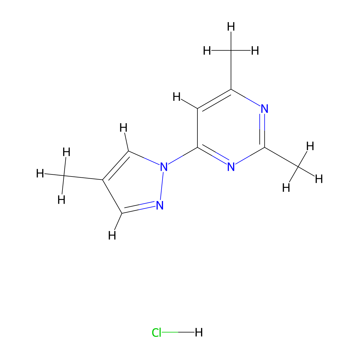 2,4-dimethyl-6-(4-methyl-1H-pyrazol-1-yl)pyrimidine hydrochloride molecular structure, CAS 2320226-32-0