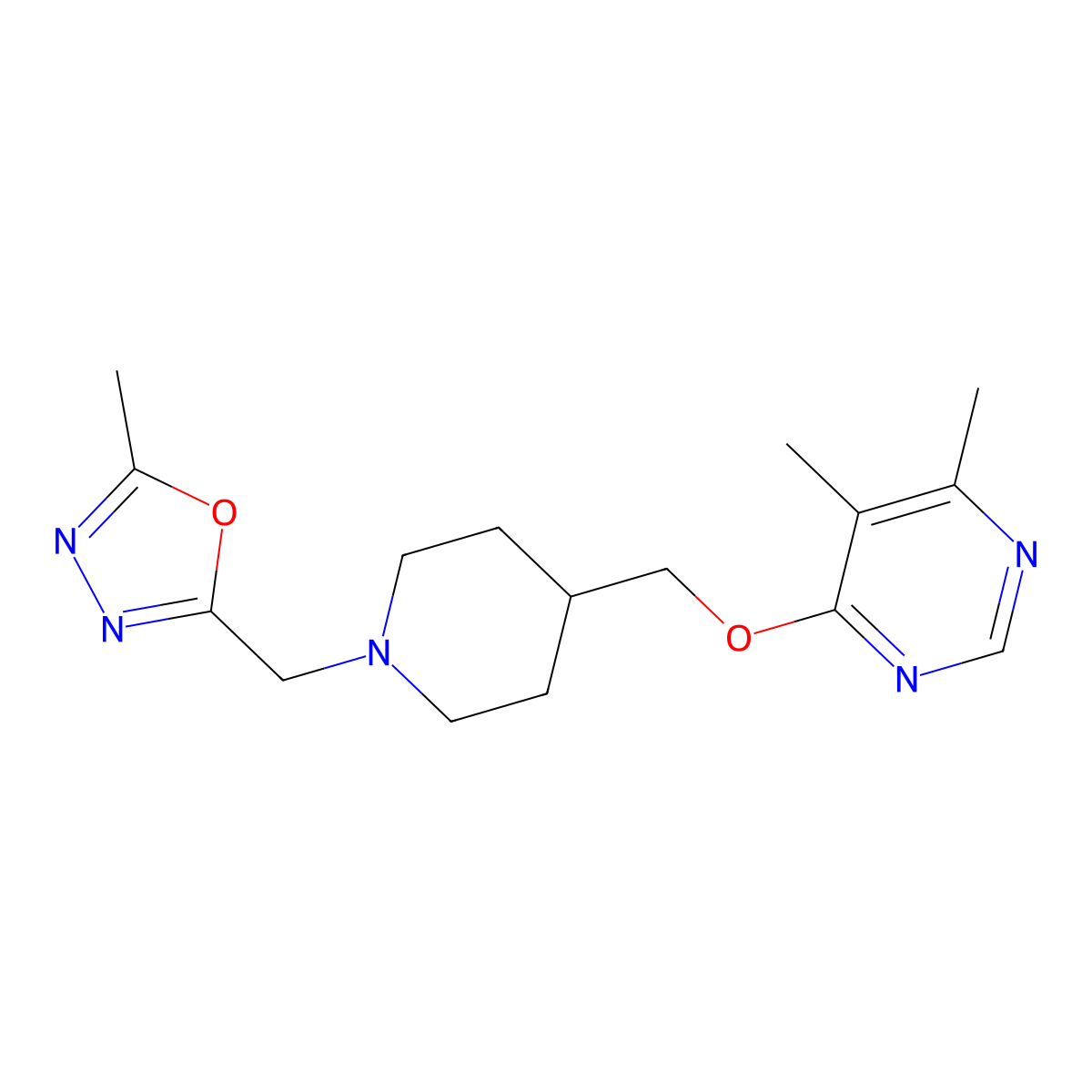 2-((4-(((5,6-Dimethylpyrimidin-4-yl)oxy)methyl)piperidin-1-yl)methyl)-5-methyl-1,3,4-oxadiazole molecular structure, CAS 2320226-52-4