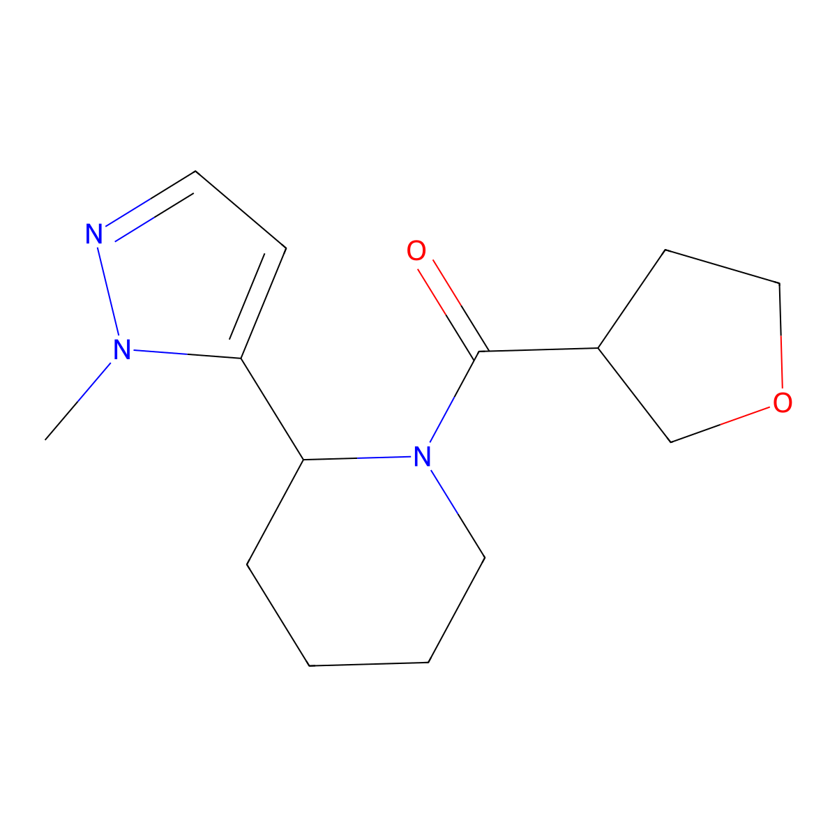 2-(1-methyl-1H-pyrazol-5-yl)-1-(oxolane-3-carbonyl)piperidine molecular structure, CAS 2320226-61-5