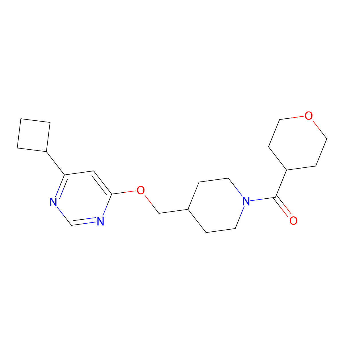 (4-(((6-cyclobutylpyrimidin-4-yl)oxy)methyl)piperidin-1-yl)(tetrahydro-2H-pyran-4-yl)methanone molecular structure, CAS 2320226-82-0