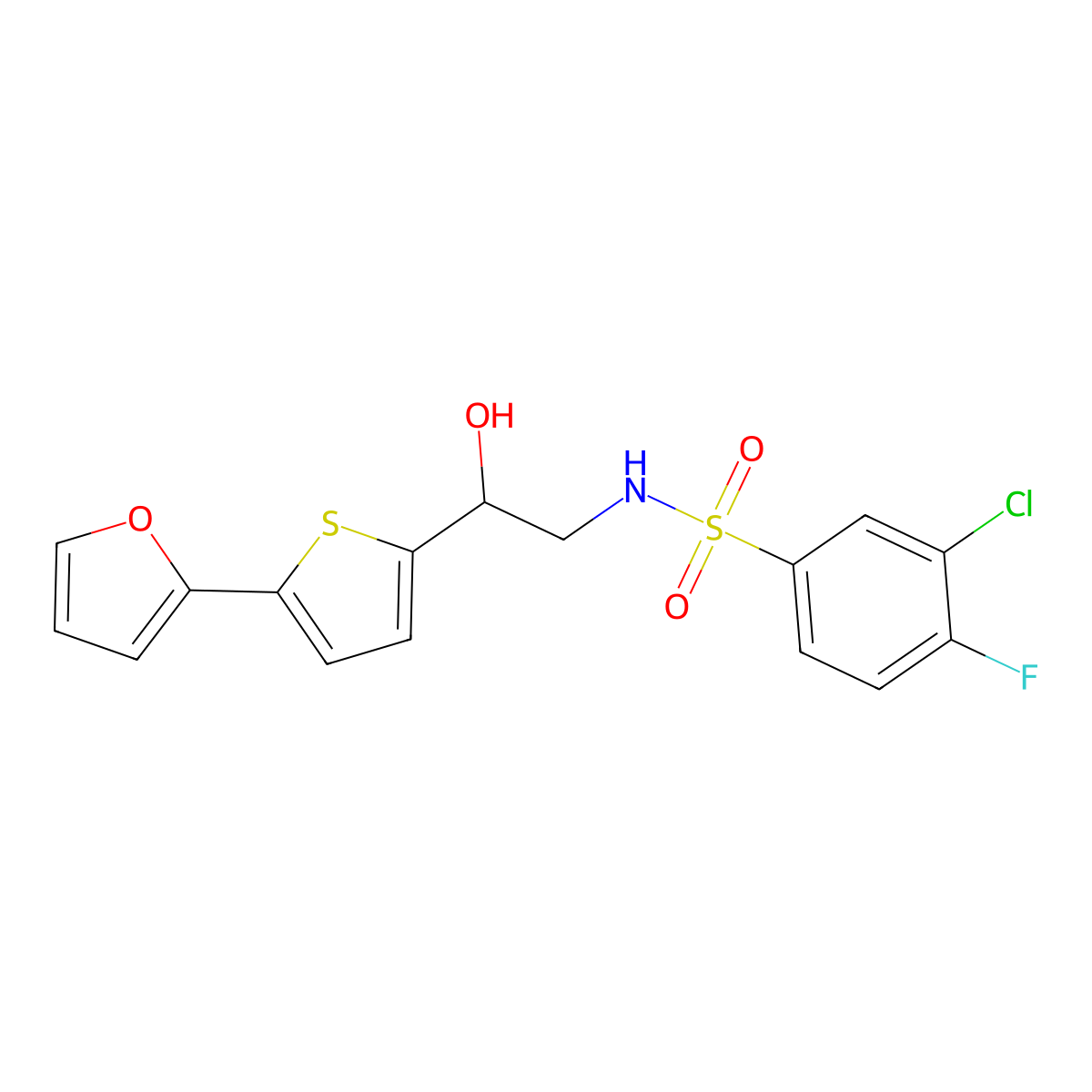 3-chloro-4-fluoro-N-{2-[5-(furan-2-yl)thiophen-2-yl]-2-hydroxyethyl}benzene-1-sulfonamide molecular structure, CAS 2320267-86-3