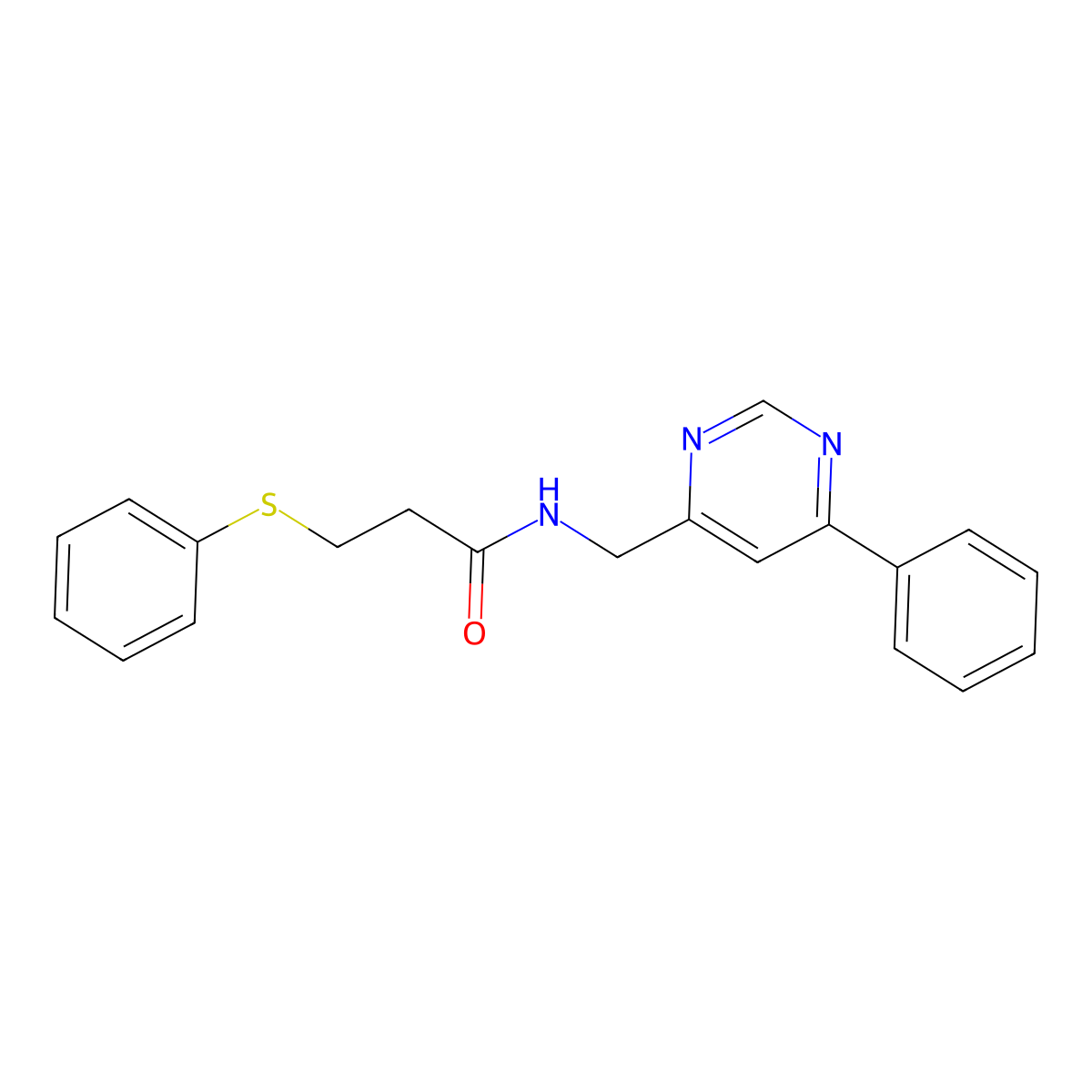 N-((6-phenylpyrimidin-4-yl)methyl)-3-(phenylthio)propanamide molecular structure, CAS 2320267-90-9