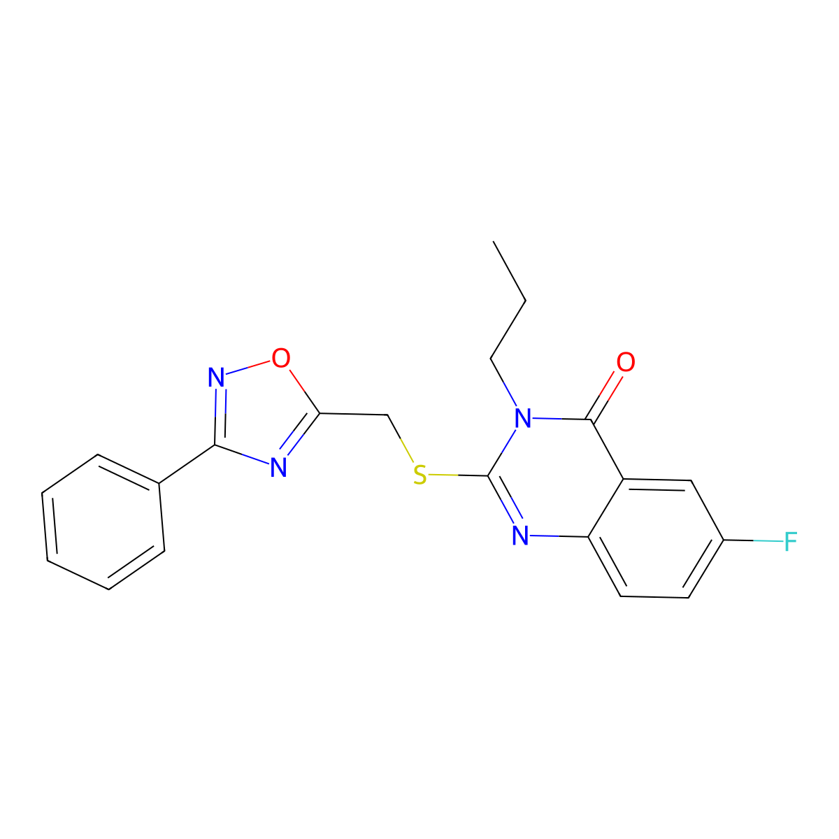 6-Fluoro-2-{[(3-phenyl-1,2,4-oxadiazol-5-yl)methyl]sulfanyl}-3-propyl-3,4-dihydroquinazolin-4-one molecular structure, CAS 2320268-07-1