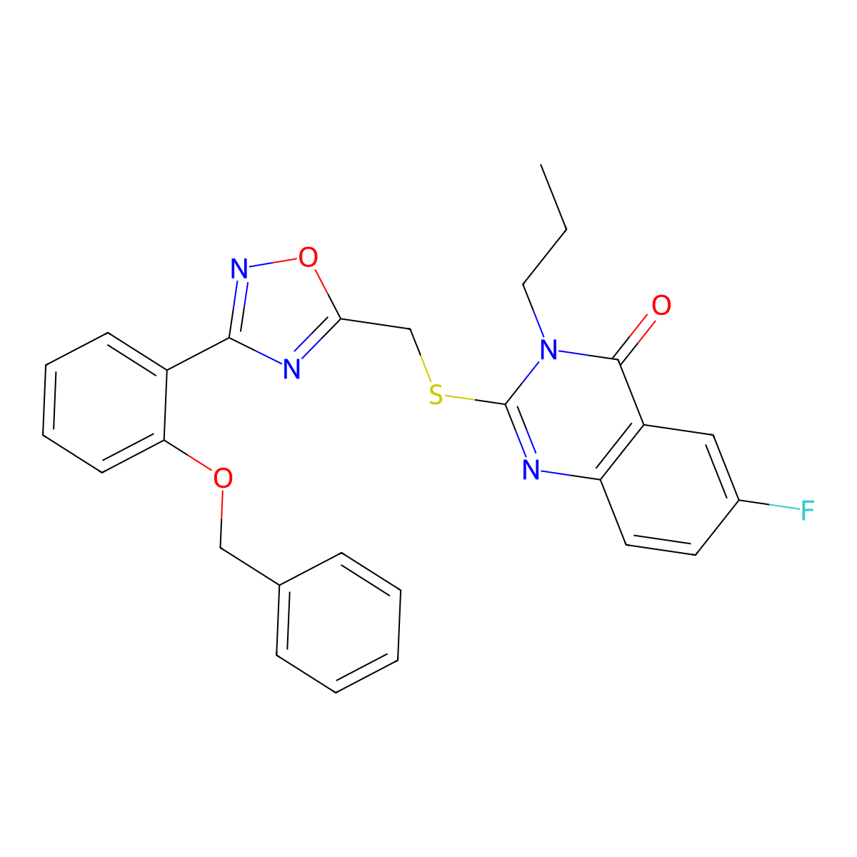 2-(((3-(2-(benzyloxy)phenyl)-1,2,4-oxadiazol-5-yl)methyl)thio)-6-fluoro-3-propylquinazolin-4(3H)-one molecular structure, CAS 2320268-35-5