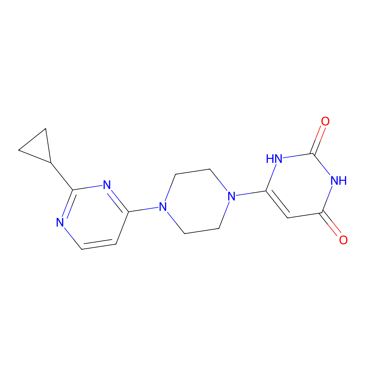 6-(4-(2-cyclopropylpyrimidin-4-yl)piperazin-1-yl)pyrimidine-2,4(1H,3H)-dione molecular structure, CAS 2320375-55-9