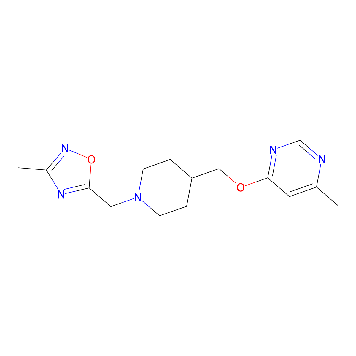 4-Methyl-6-({1-[(3-methyl-1,2,4-oxadiazol-5-yl)methyl]piperidin-4-yl}methoxy)pyrimidine molecular structure, CAS 2320375-63-9