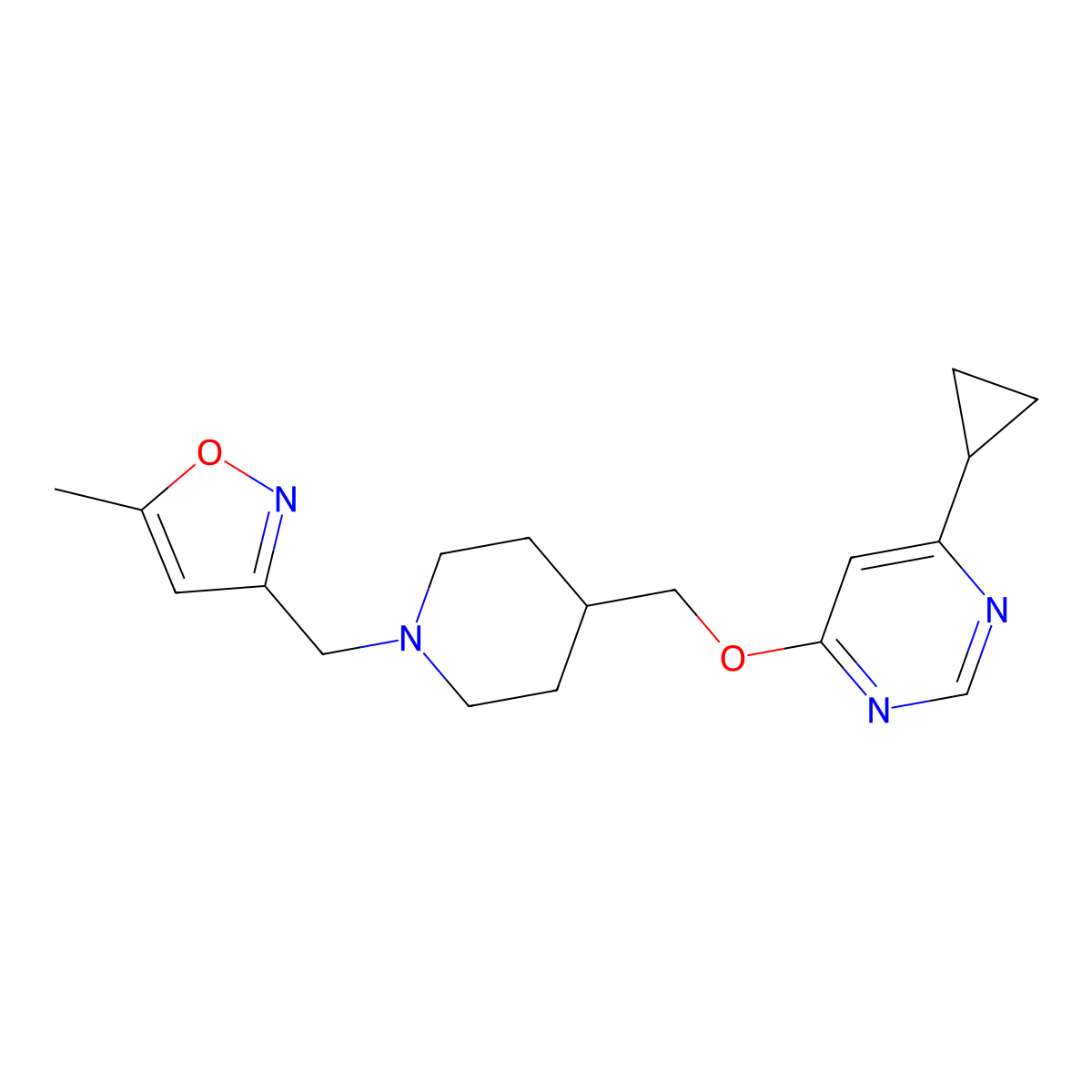 4-Cyclopropyl-6-({1-[(5-methyl-1,2-oxazol-3-yl)methyl]piperidin-4-yl}methoxy)pyrimidine molecular structure, CAS 2320376-20-1